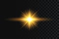 Flash or star light effect on transparent background. Golden glowing flash with gold rays and lights. Vector